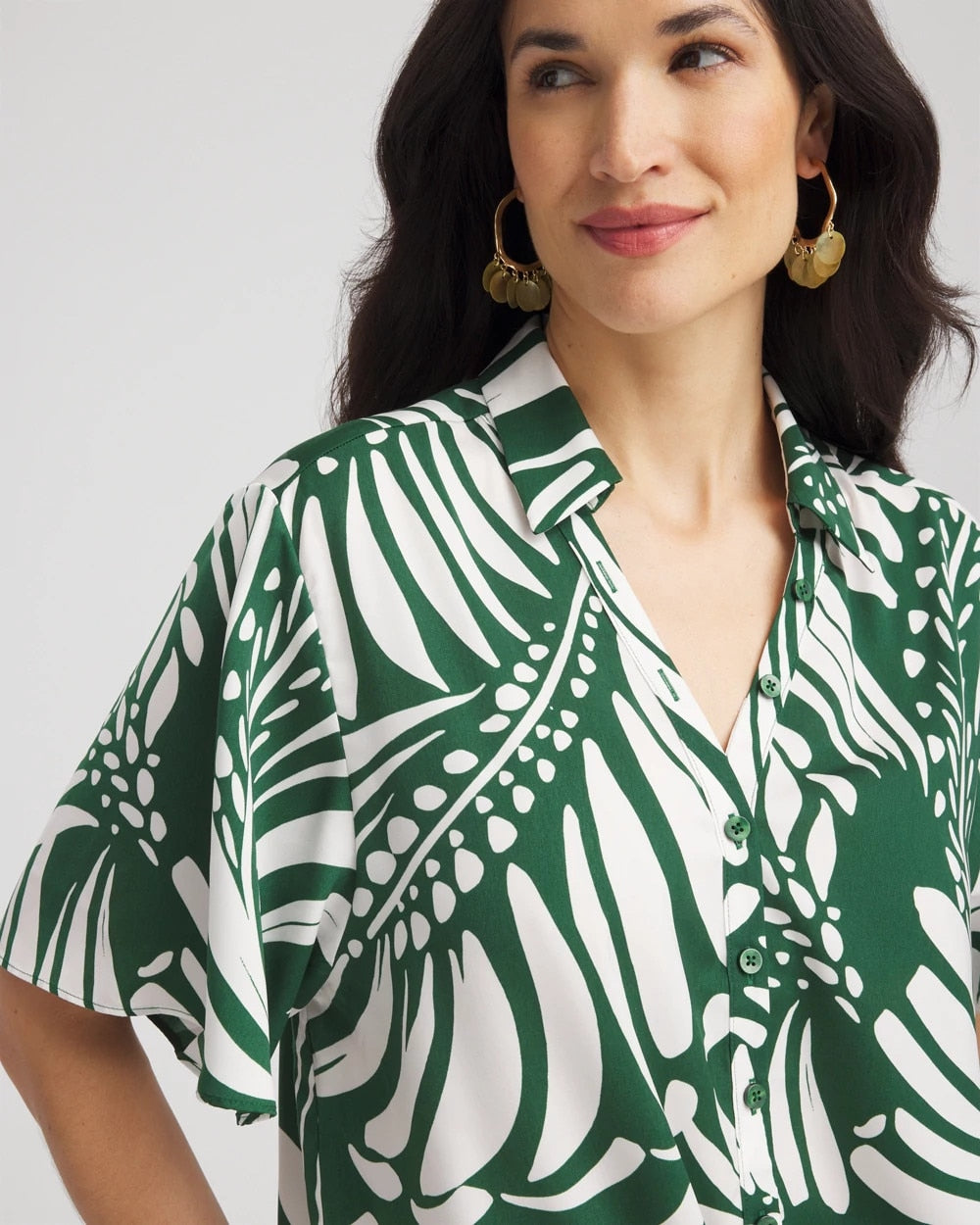 Chico's Palm Print Tie-Front Silky Top PALM LEAF