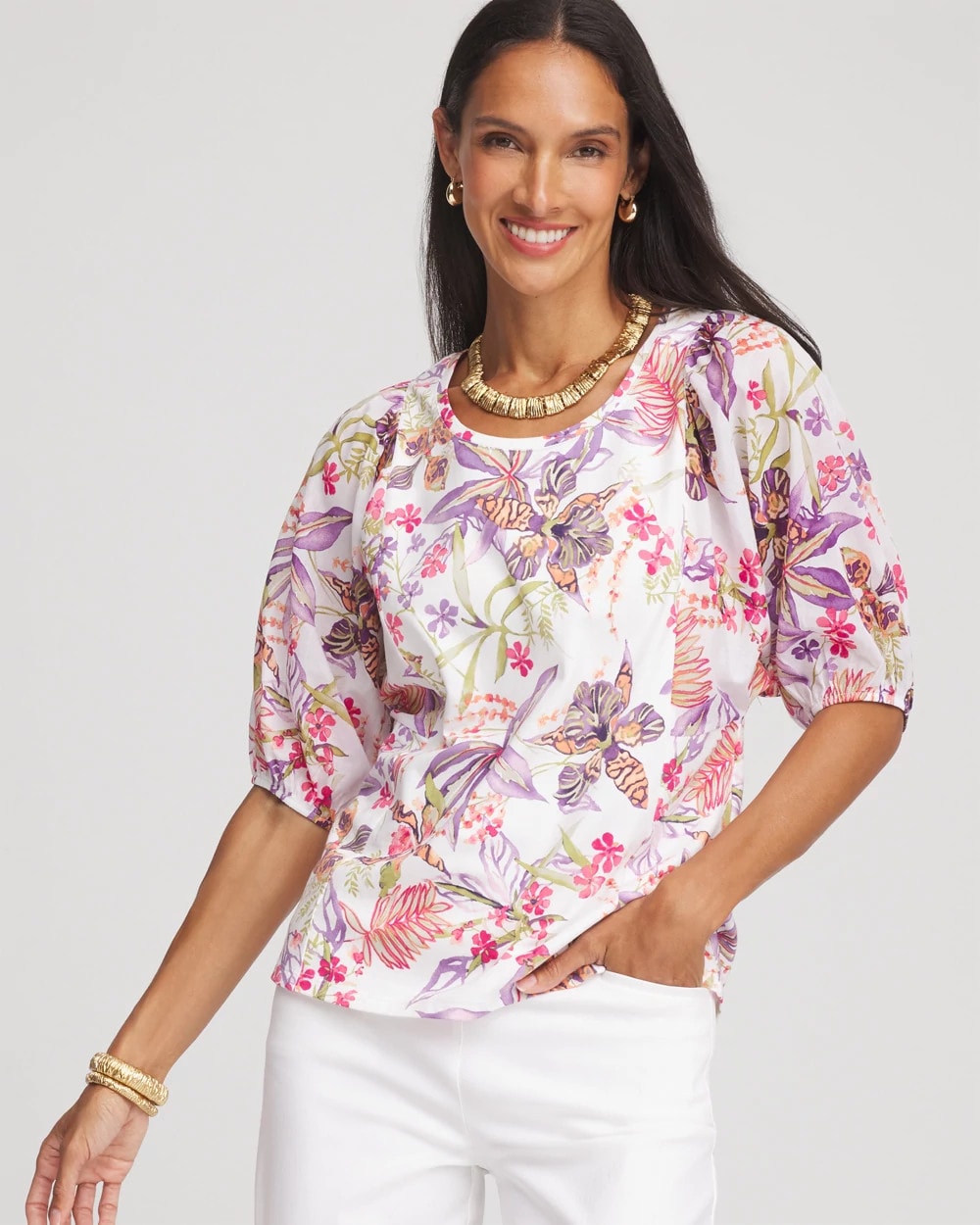Chico's Floral Dolman Sleeve Knit Top ALABASTER