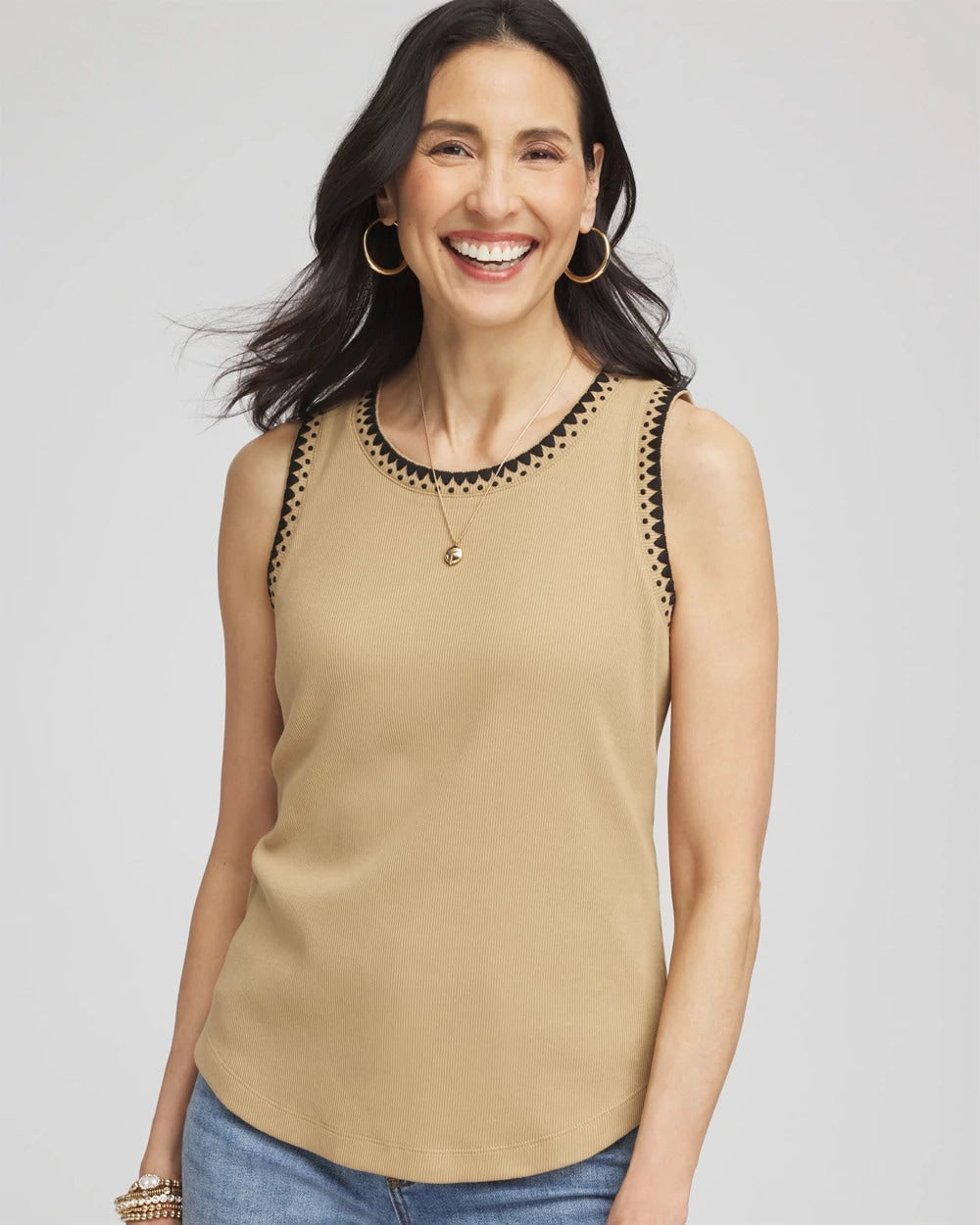 Chico's Contrast-Trim Ribbed Cotton Tank Top CAFE AROMA