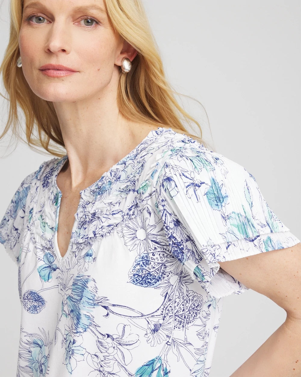 Chico's Touch of Cool™ Floral Flutter Sleeve Tee ALABASTER