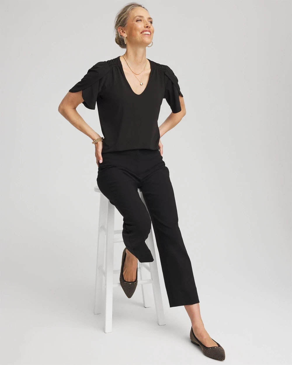 Chico's Petal-Sleeve Voop Neck Tee BLACK