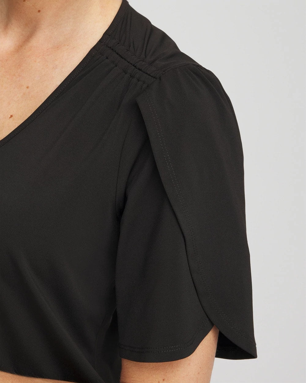 Chico's Petal-Sleeve Voop Neck Tee BLACK