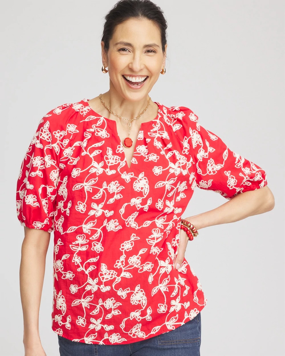 Chico's Floral Embroidered Cotton Peasant Blouse RED GLOW