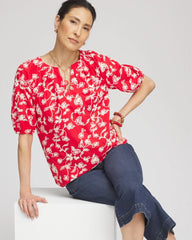 Chico's Floral Embroidered Cotton Peasant Blouse RED GLOW