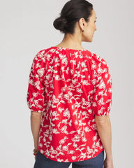 Chico's Floral Embroidered Cotton Peasant Blouse RED GLOW