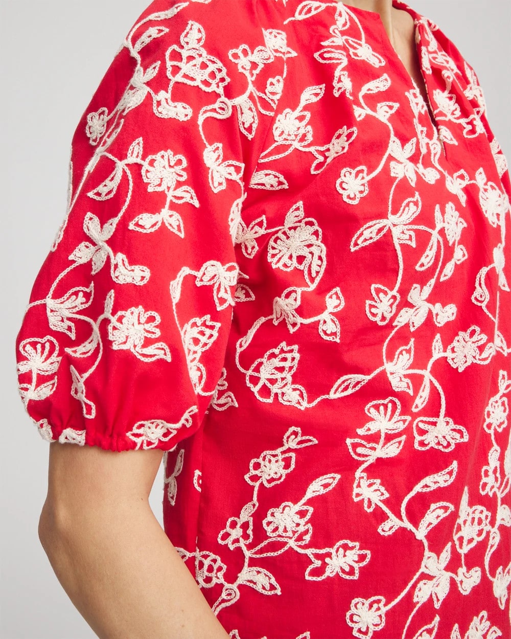 Chico's Floral Embroidered Cotton Peasant Blouse RED GLOW