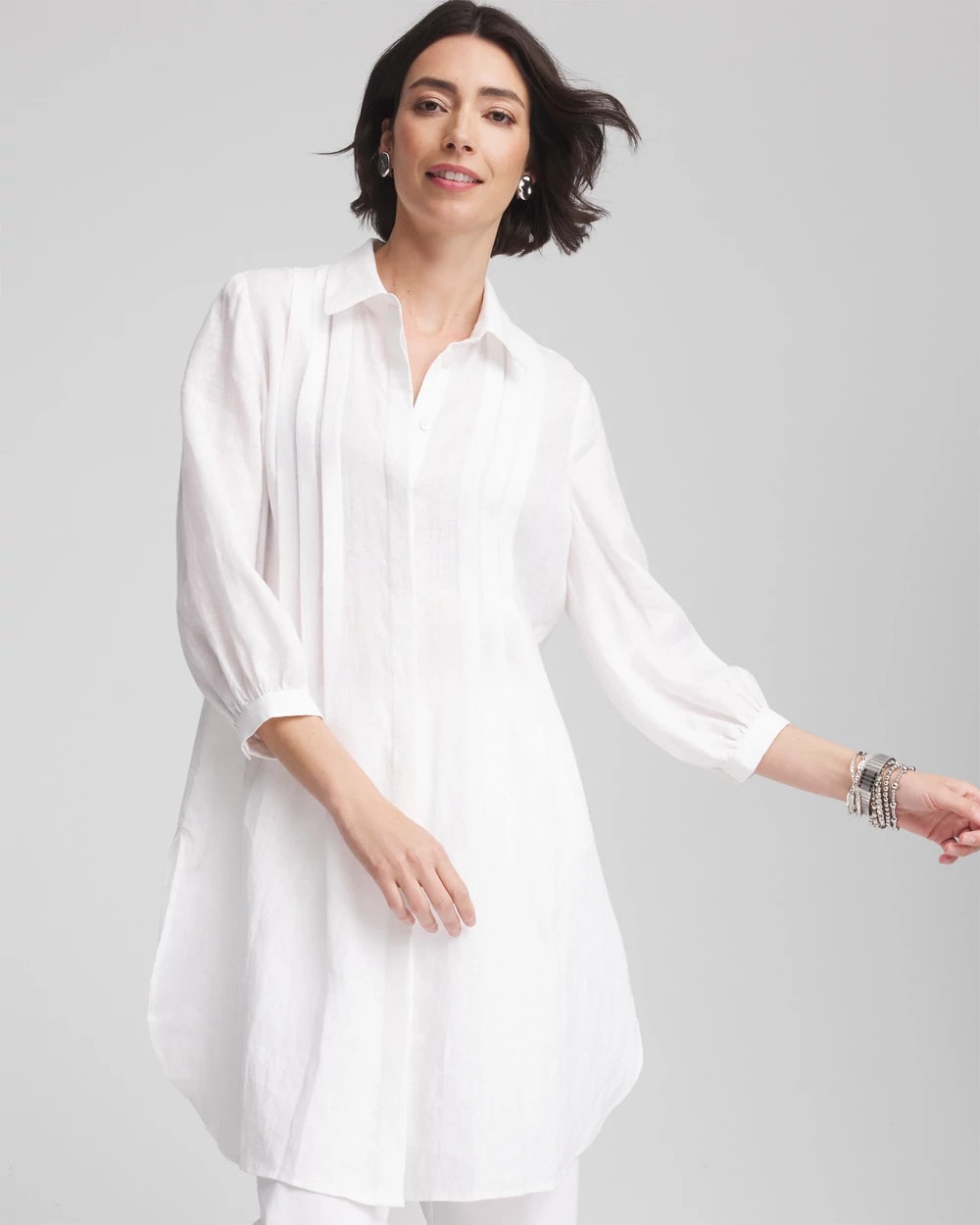 Chico's Pintuck Placket Linen Tunic ALABASTER