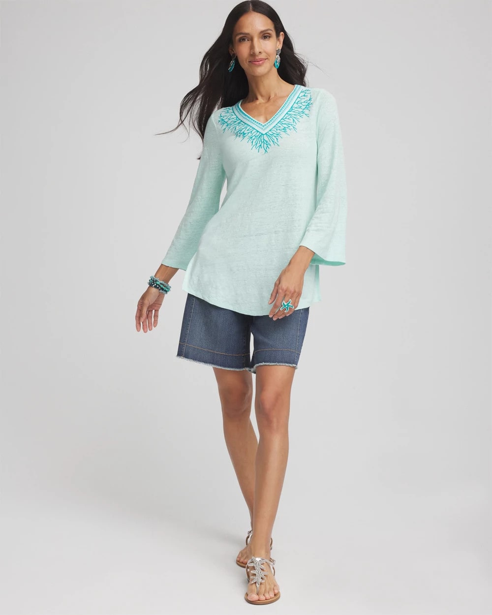 Chico's Linen Embroidered V-Neck Tunic TEAL WATERS