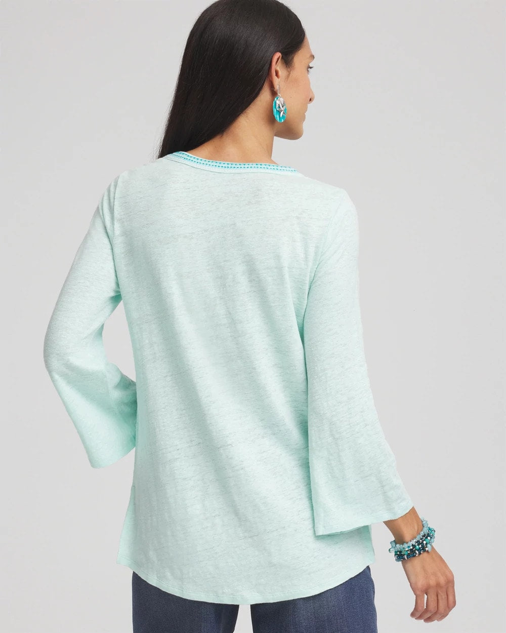Chico's Linen Embroidered V-Neck Tunic TEAL WATERS