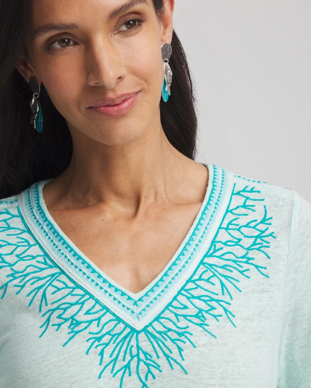 Chico's Linen Embroidered V-Neck Tunic TEAL WATERS