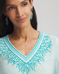 Chico's Linen Embroidered V-Neck Tunic TEAL WATERS