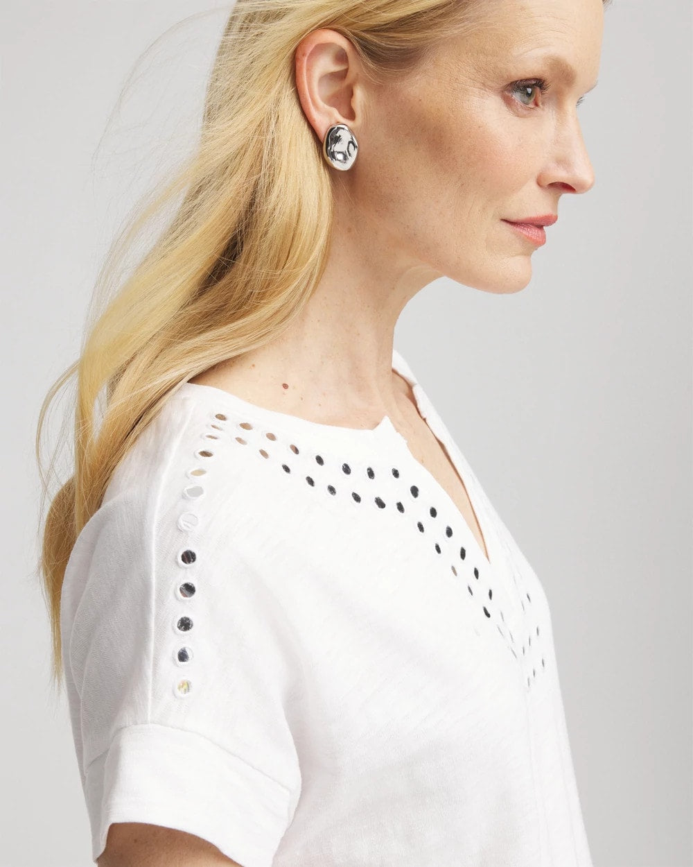 Chico's Paillette Trim Cotton Slub Tee ALABASTER