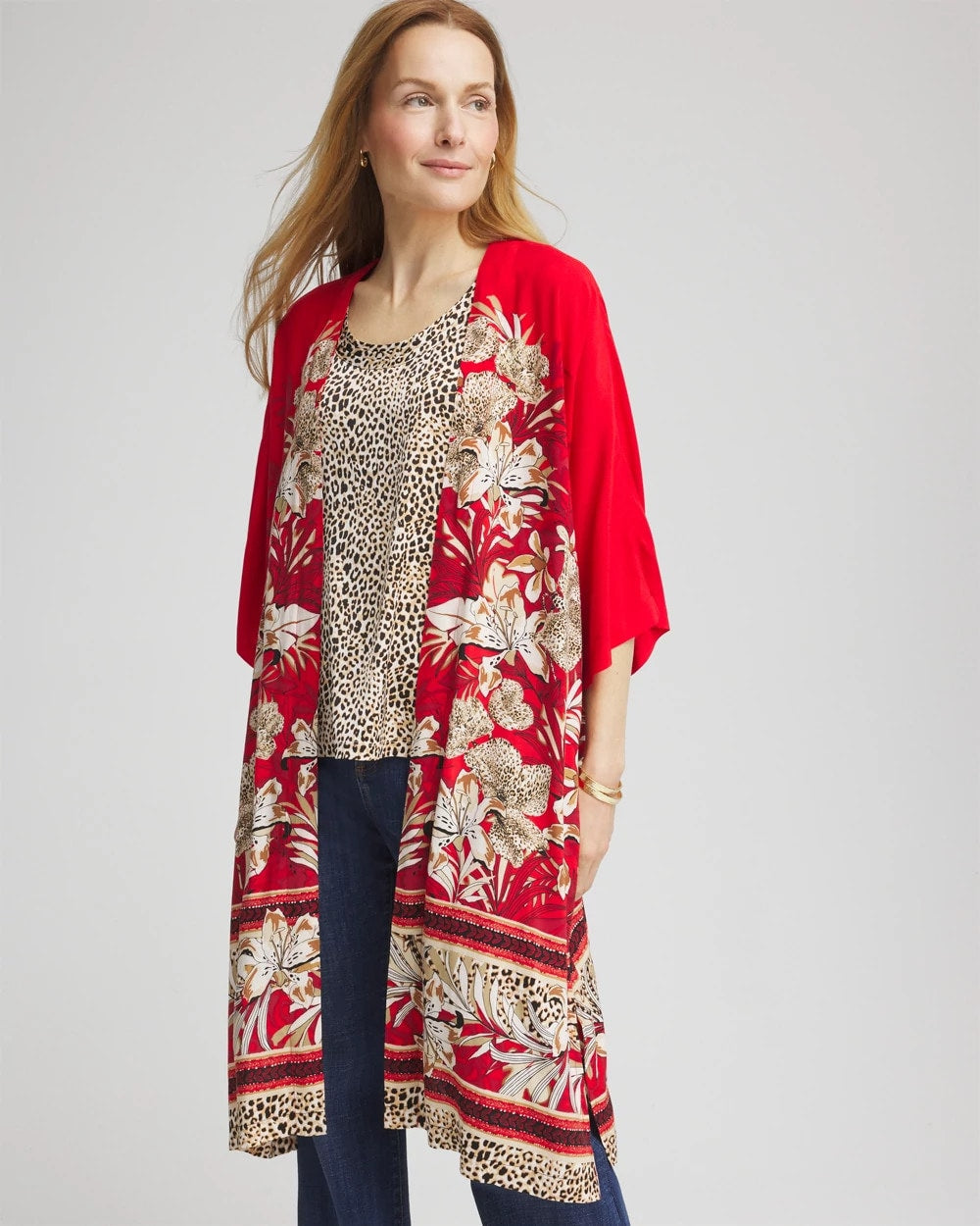 Chico's Art Nouveau Long Kimono RED GLOW