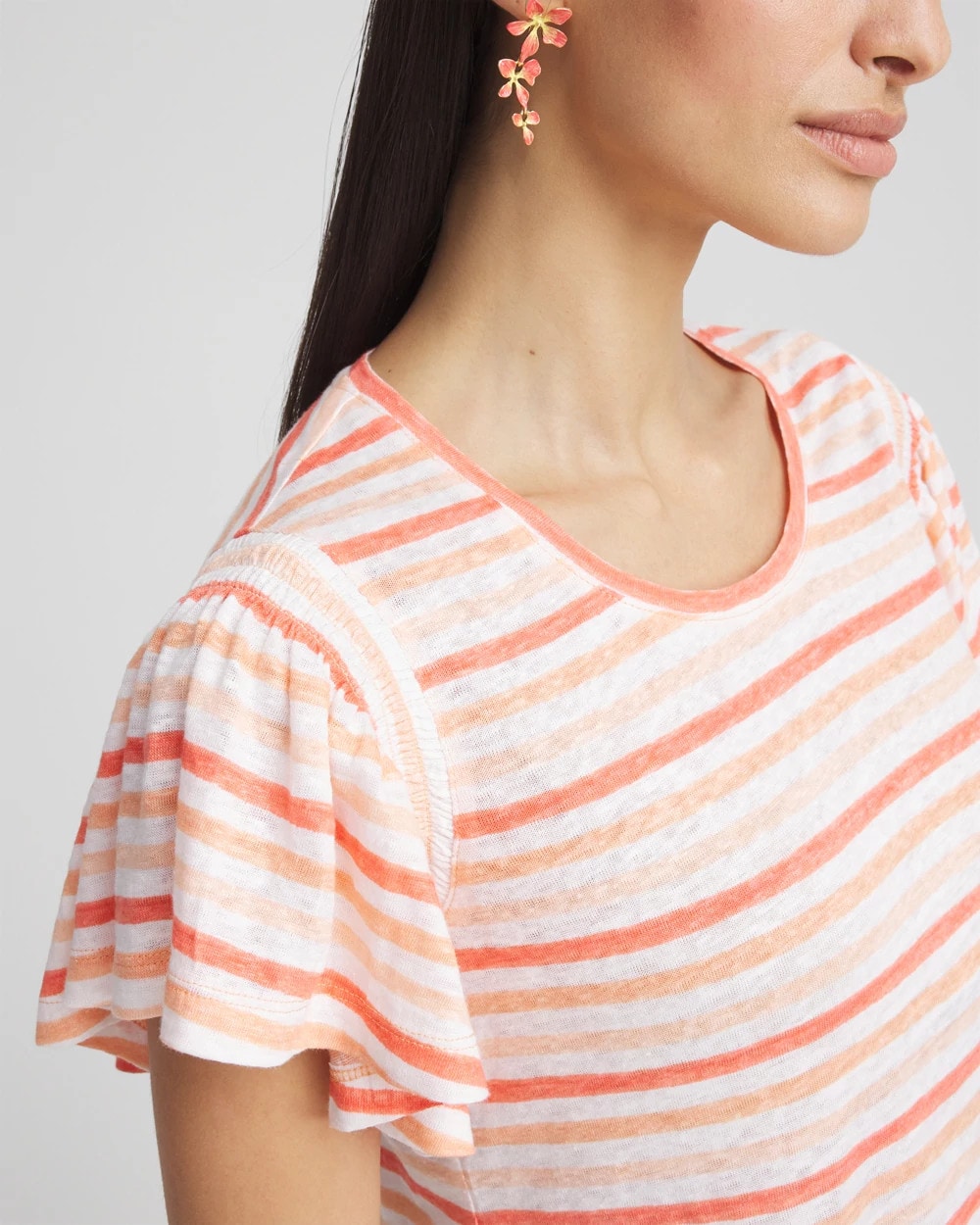 Chico's Striped Linen Smocked Flutter-Sleeved Tee MELON MAMBO