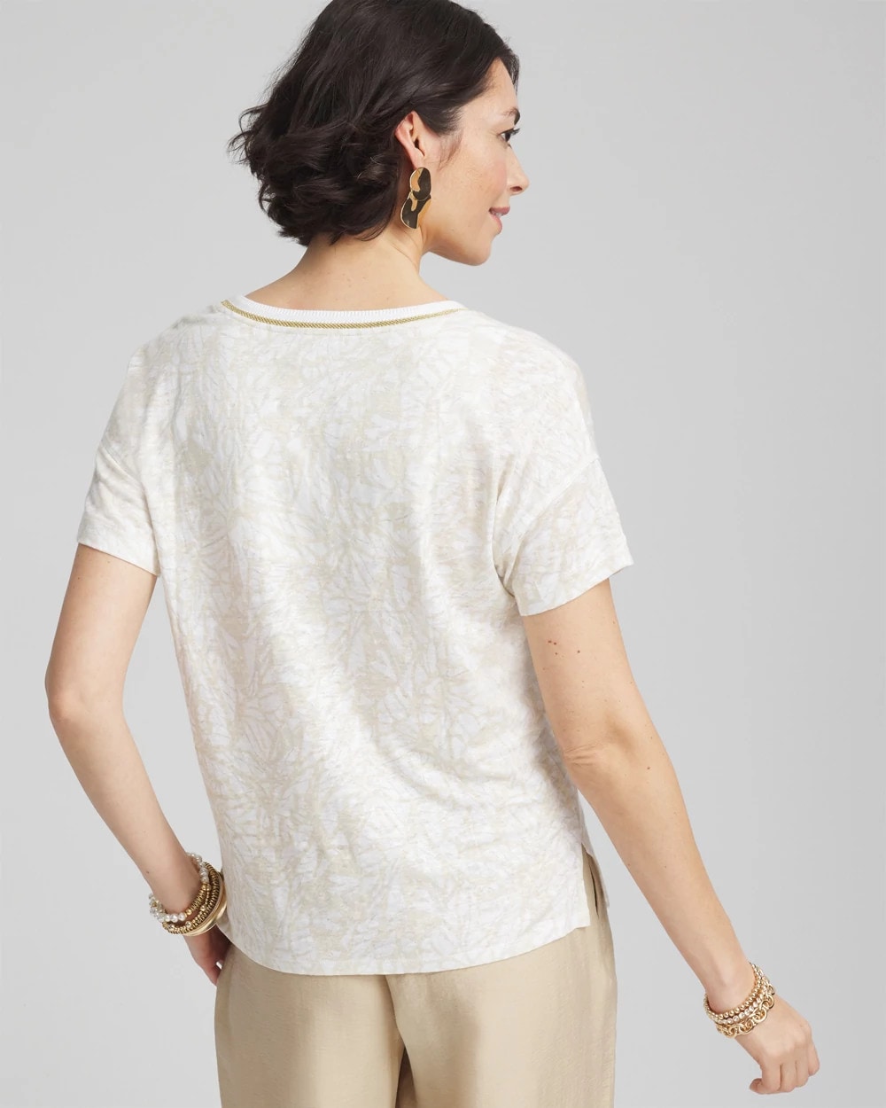 Chico's Printed Sweater Trim Linen Tee RIVER ROCK