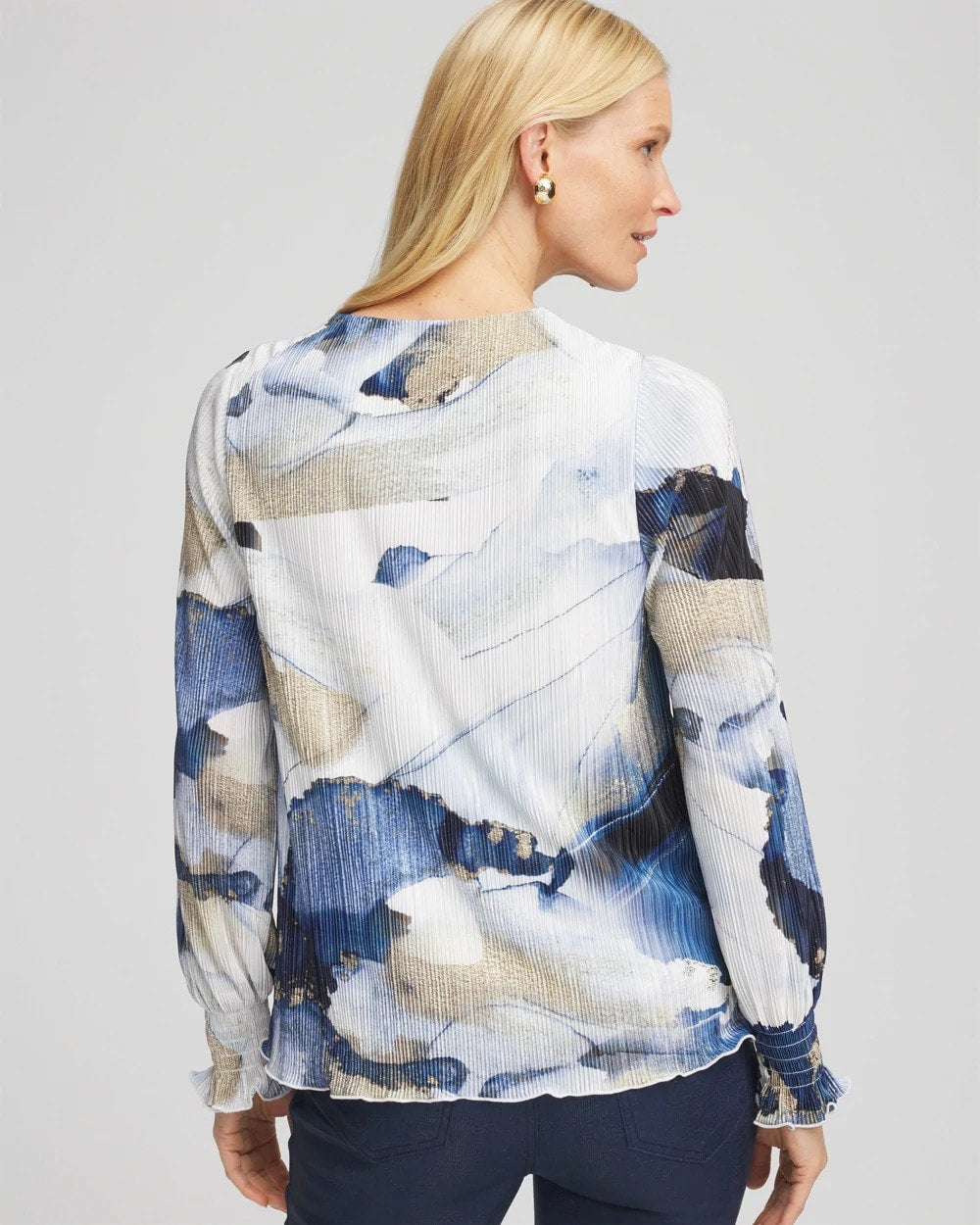 Chico's Foil Ocean Print Crinkle Top ENGLISH CREAM