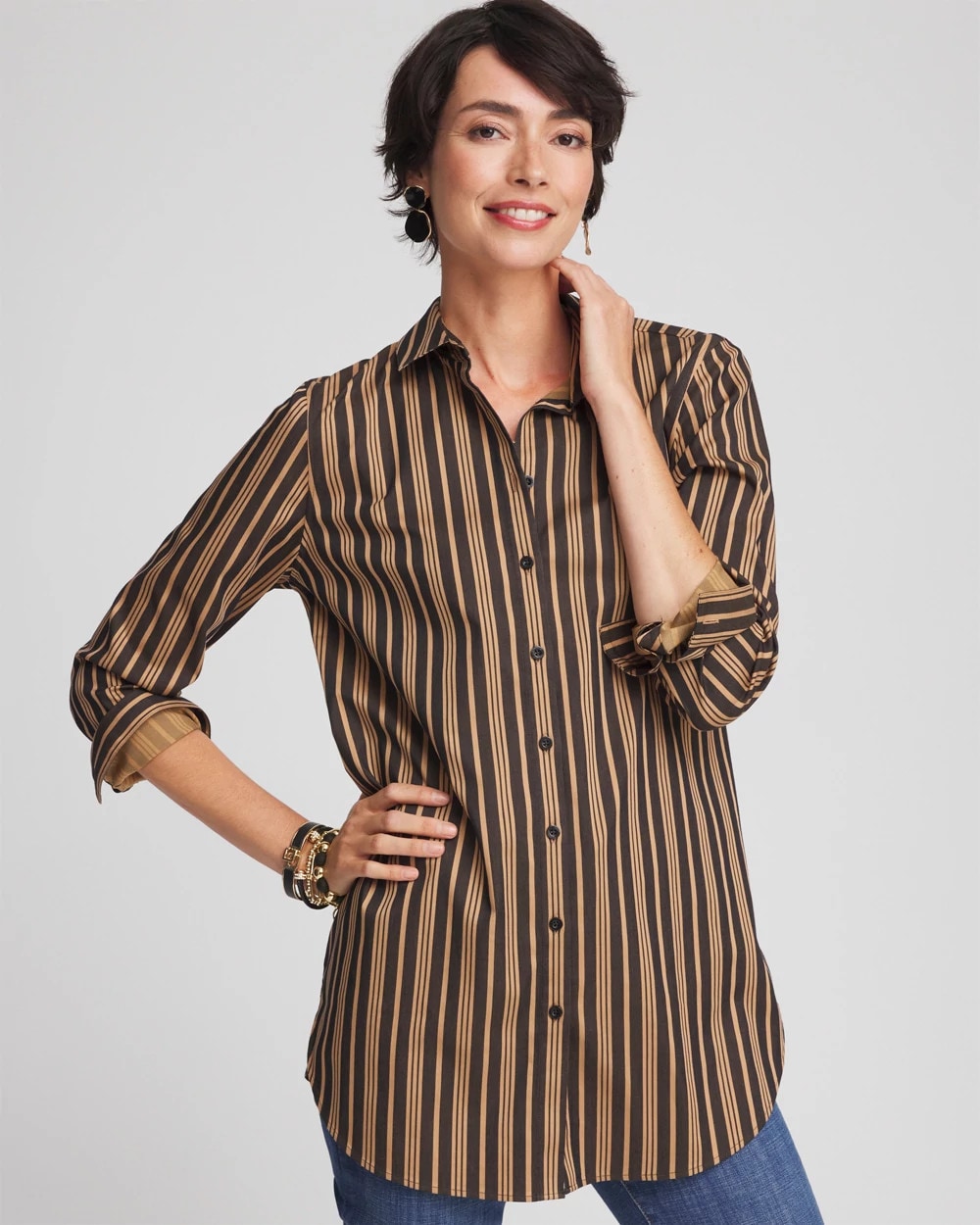 Chico's No Iron™ Stripe Tunic CAMEL/BLACK