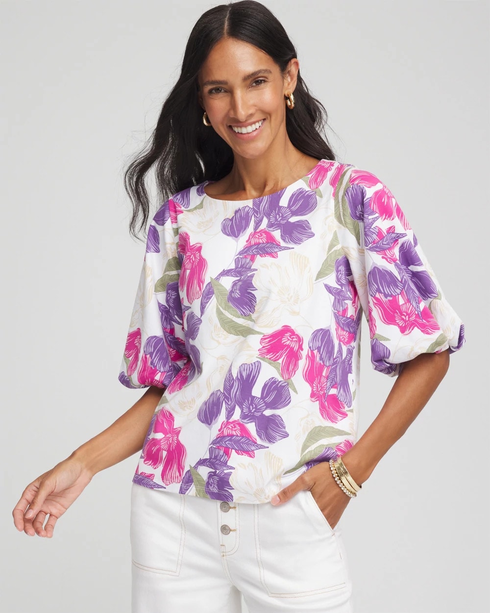 Chico's Floral Bubble Sleeve Top ALABASTER