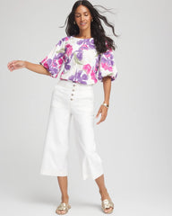 Chico's Floral Bubble Sleeve Top ALABASTER