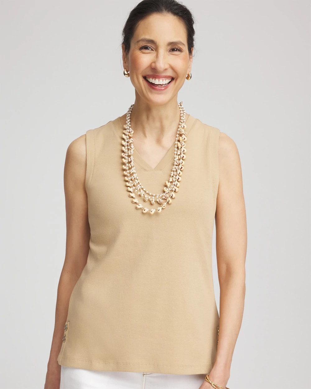 Chico's Sleeveless V-Neck Button Tank CAFE AROMA