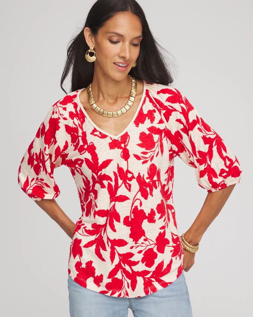 Chico's Floral Braided Linen Top RED GLOW