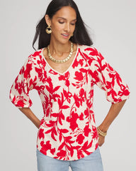 Chico's Floral Braided Linen Top RED GLOW