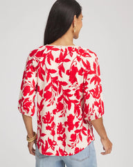 Chico's Floral Braided Linen Top RED GLOW
