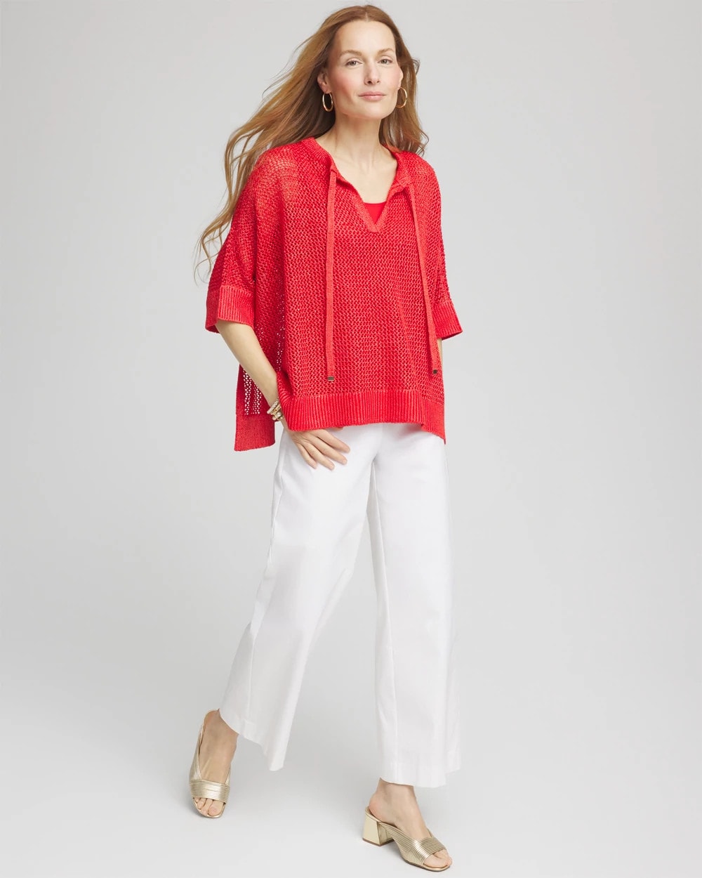 Chico's Sequin Open Knit Poncho RED GLOW