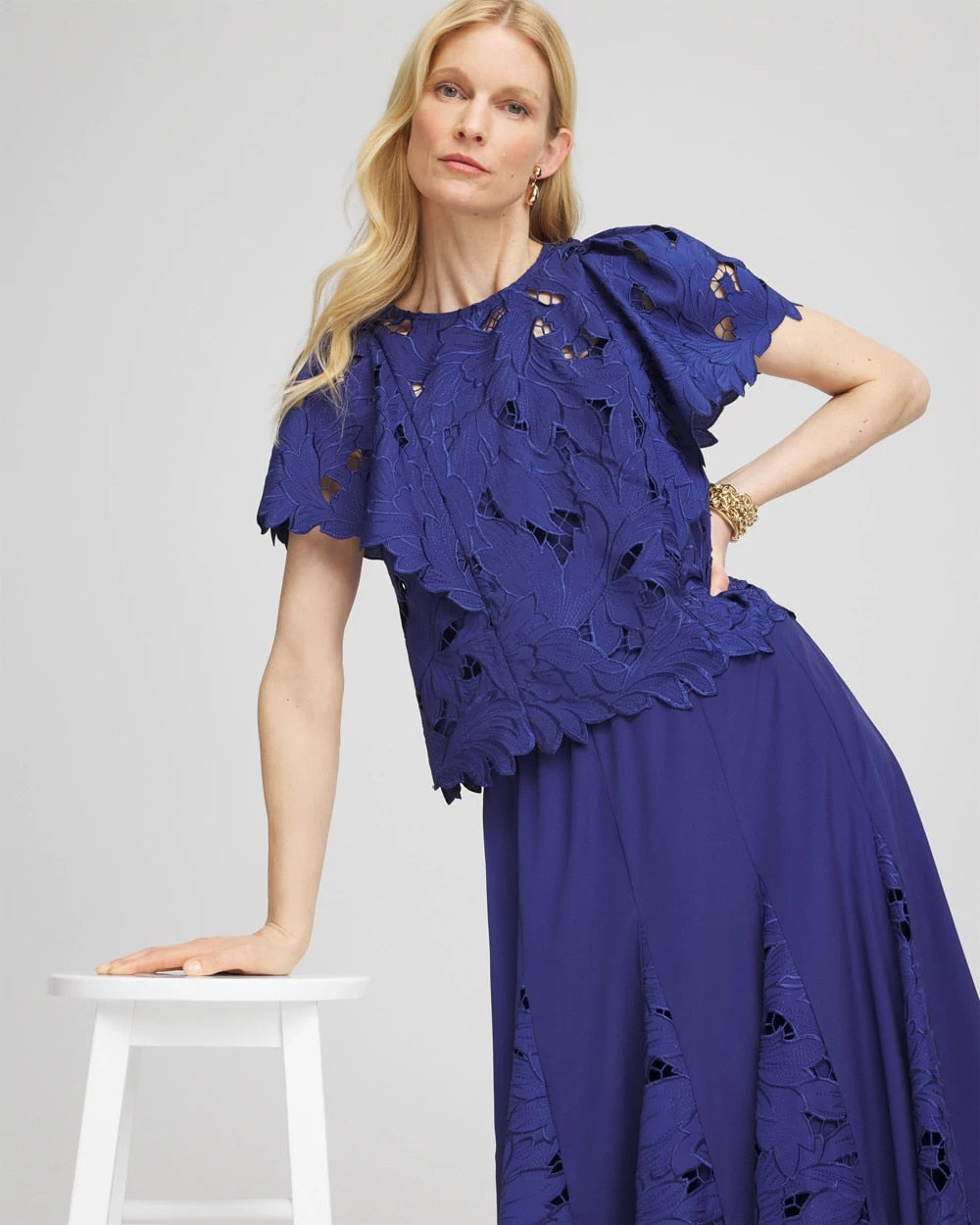 Chico's Lace Detail Flutter Sleeve Top BLUE CASA