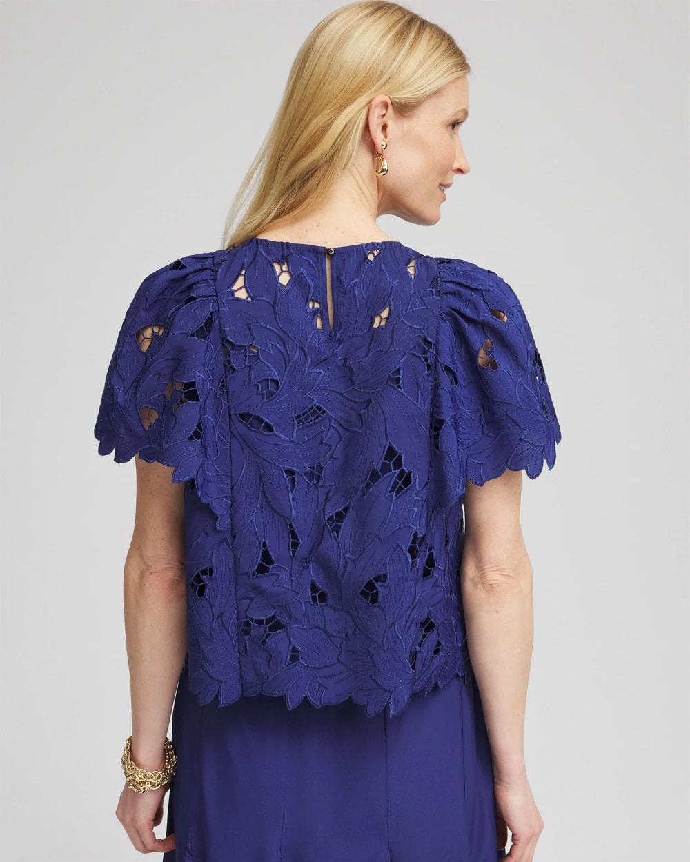 Chico's Lace Detail Flutter Sleeve Top BLUE CASA