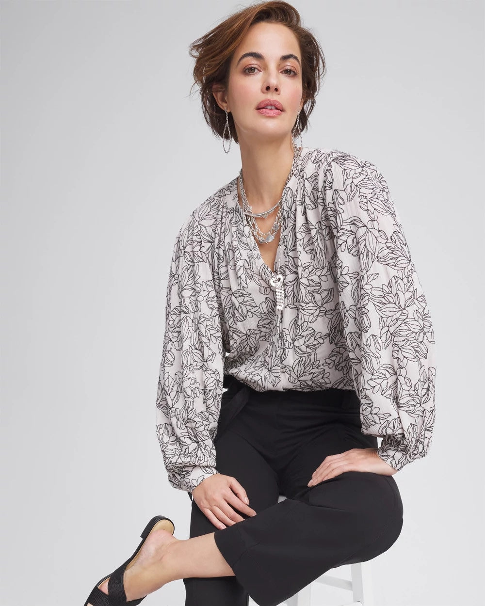 Chico's Crepe Embroidered Blouse SMOKEY TAUPE