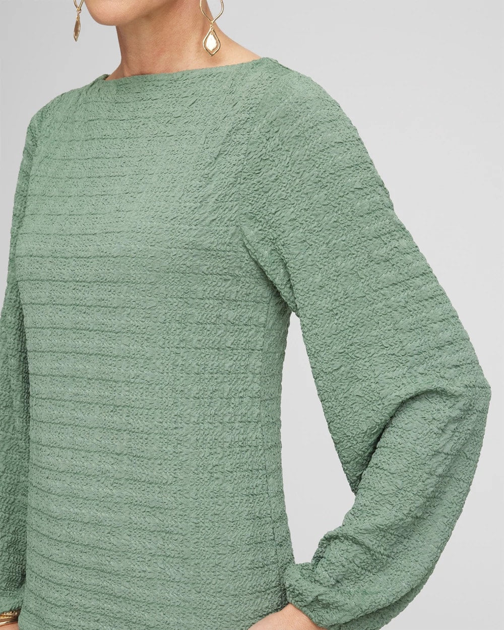 Chico's Smocked Boatneck Top MINERAL GREEN