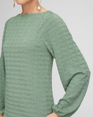 Chico's Smocked Boatneck Top MINERAL GREEN