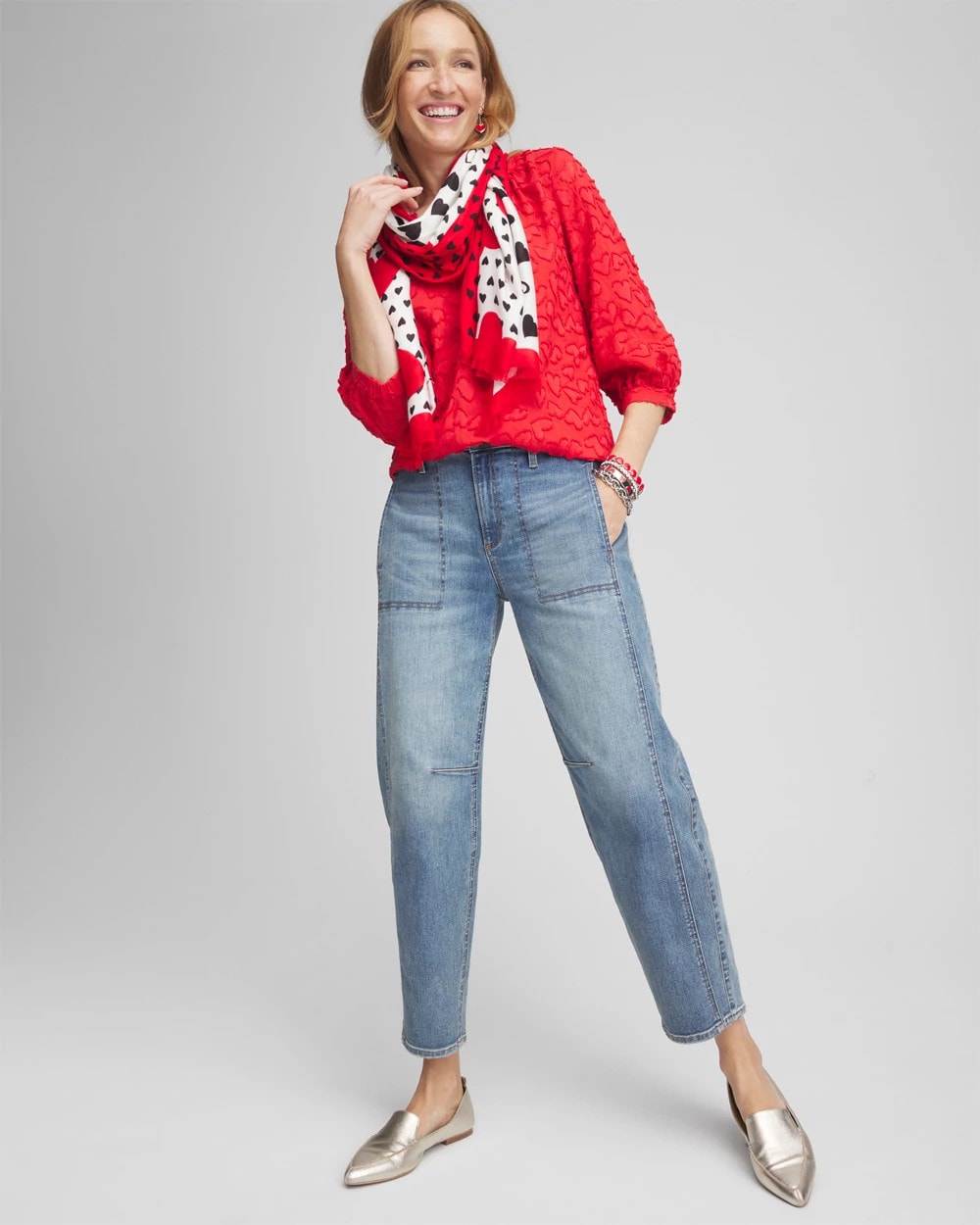Chico's Embellished Valentine's Day Blouse LOVE LETTER RED