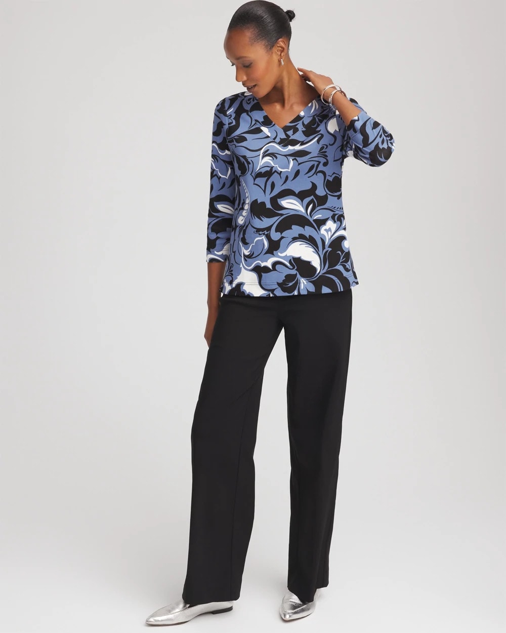 Chico's Pima Cotton Floral 3/4 Sleeve Tee BLUE LOTUS