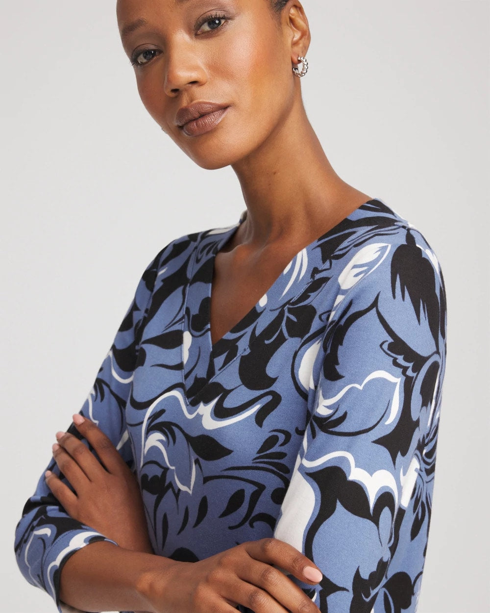 Chico's Pima Cotton Floral 3/4 Sleeve Tee BLUE LOTUS