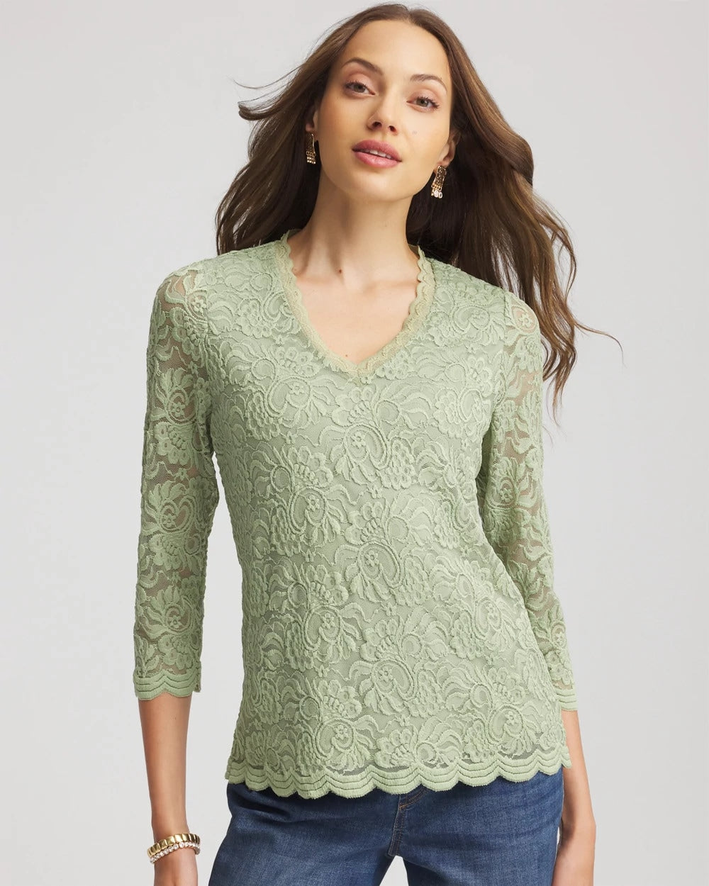 Chico's Lace Scallop-Hem Knit Tee SAGE MEADOW