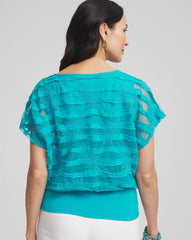 Chico's Embroidered Striped Banded Bottom Top SEASPRAY