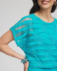 Chico's Embroidered Striped Banded Bottom Top SEASPRAY
