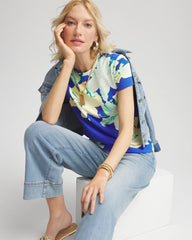 Chico's Floral Crewneck Perfect Tee RICH COBALT