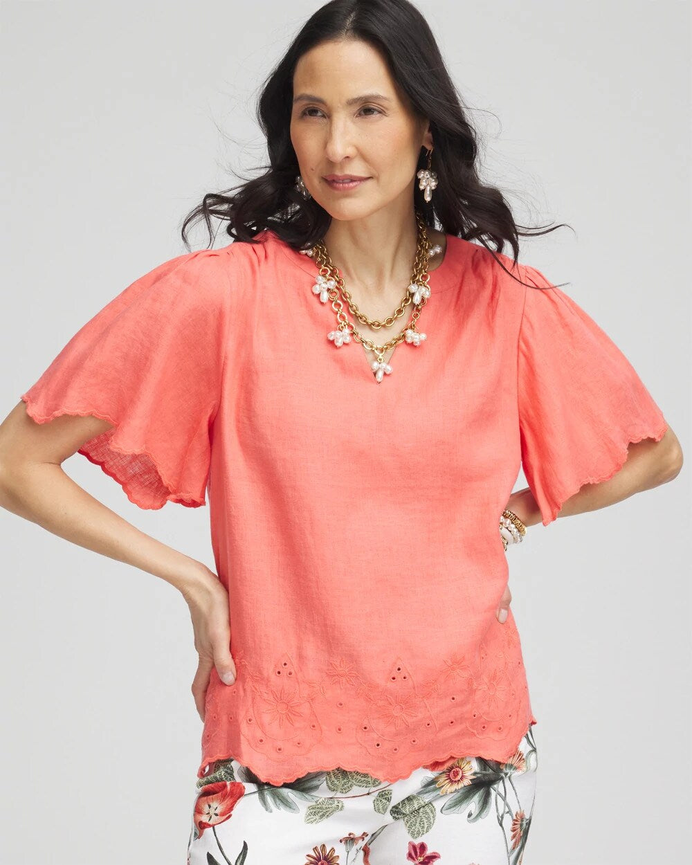 Chico's Linen Embroidered Hem Blouse MELON MAMBO