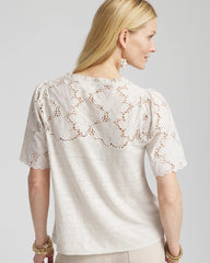 Chico's Embroidered Lace Linen Tee RIVER ROCK