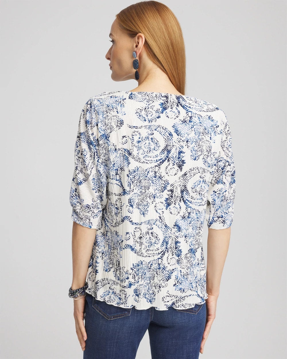 Chico's Snakeskin Print Crinkle Elbow Sleeve Tee ENGLISH CREAM