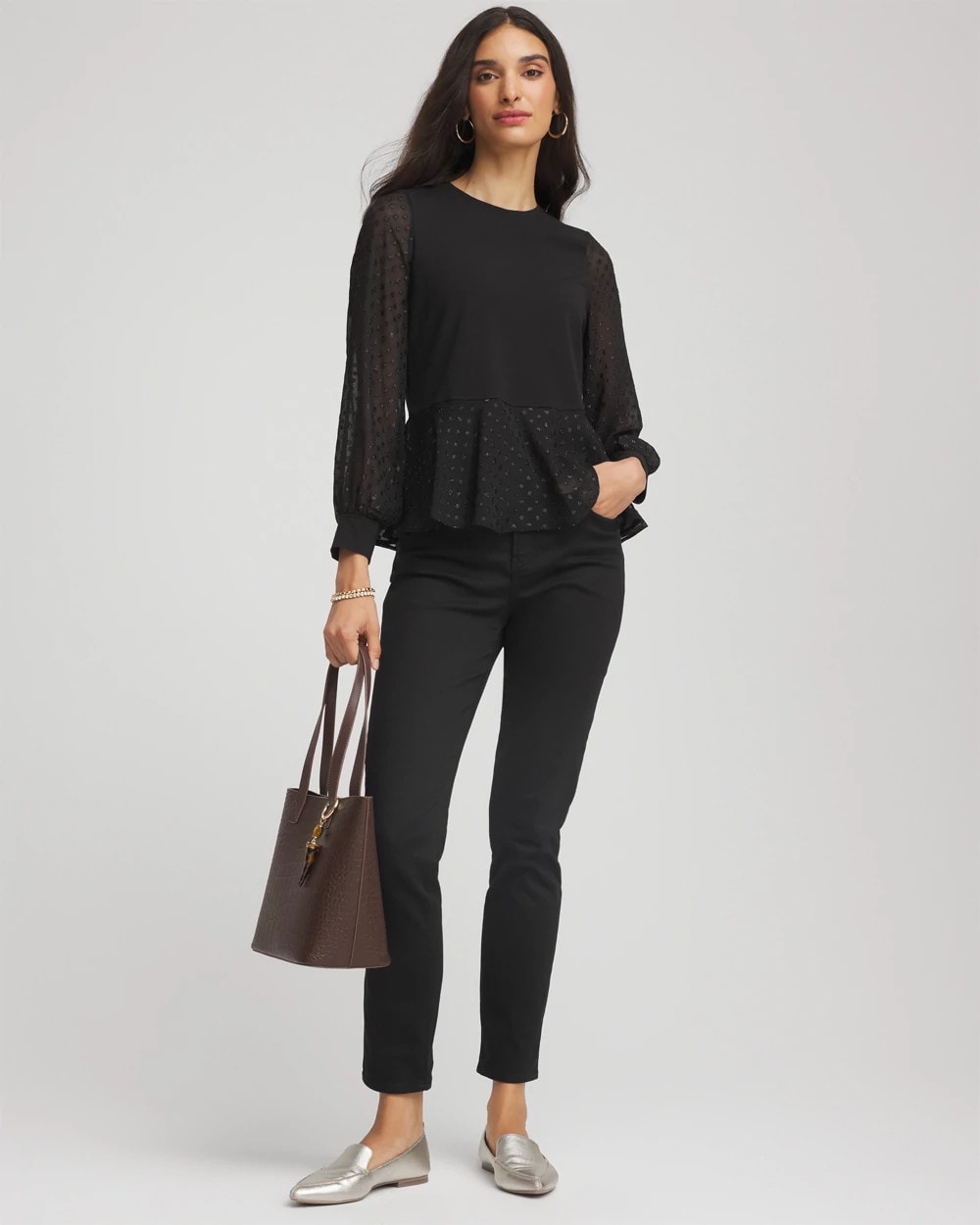 Chico's Clip-Dot Peplum Top BLACK