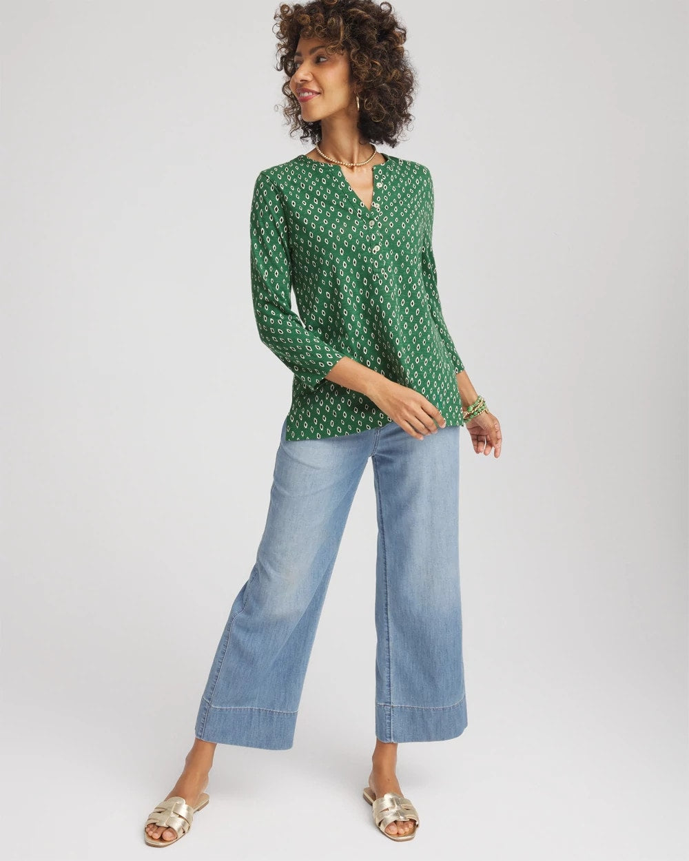 Chico's Geo Cotton Slub Henley Shirt PALM LEAF