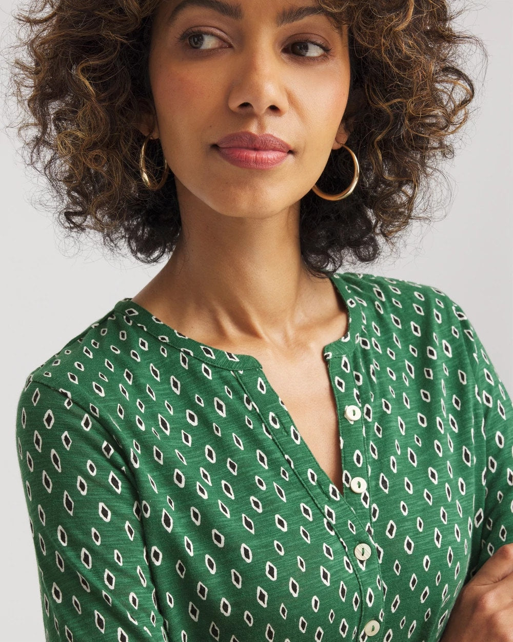 Chico's Geo Cotton Slub Henley Shirt PALM LEAF
