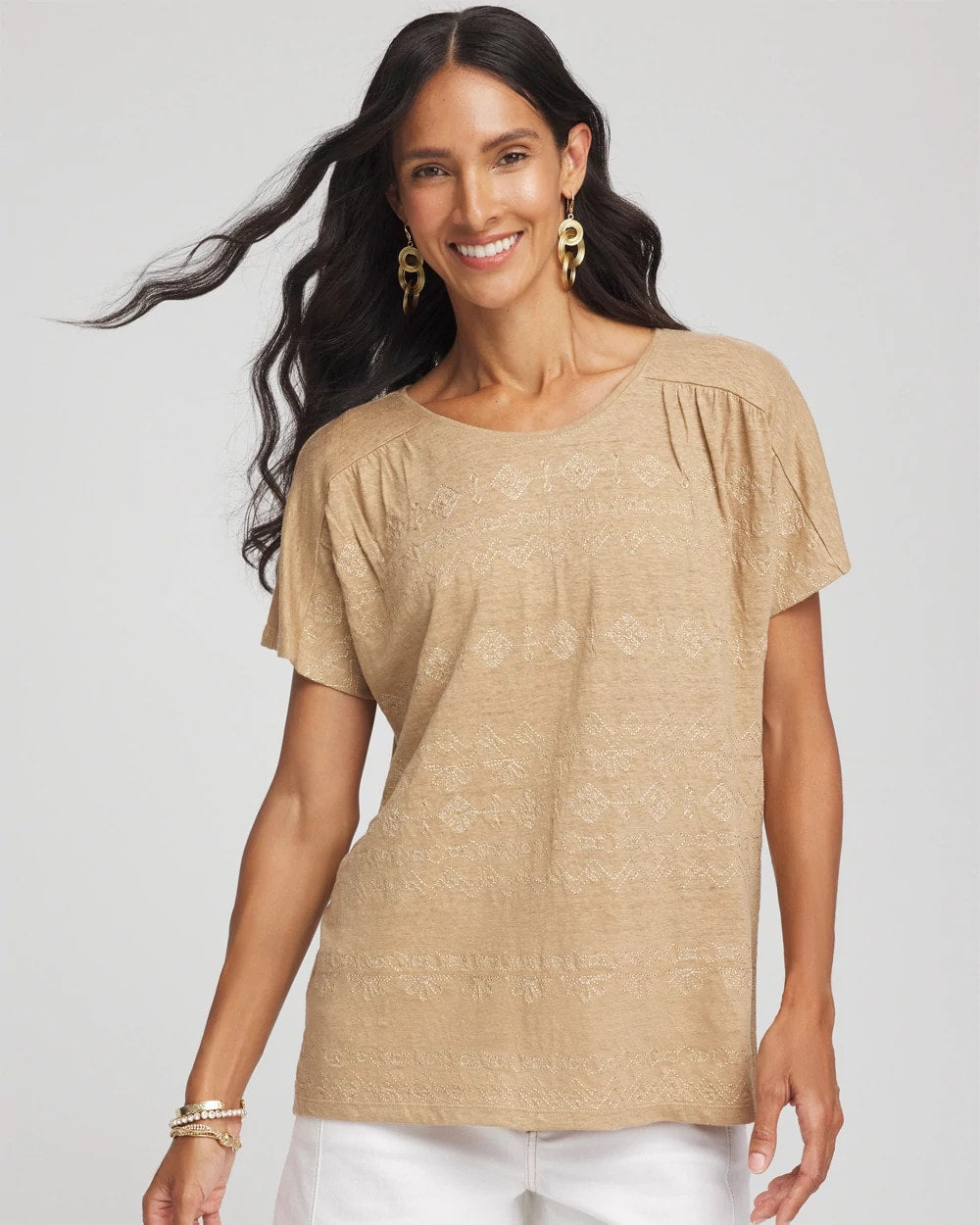 Chico's Geo Embroidered Linen Tee CAFE AROMA