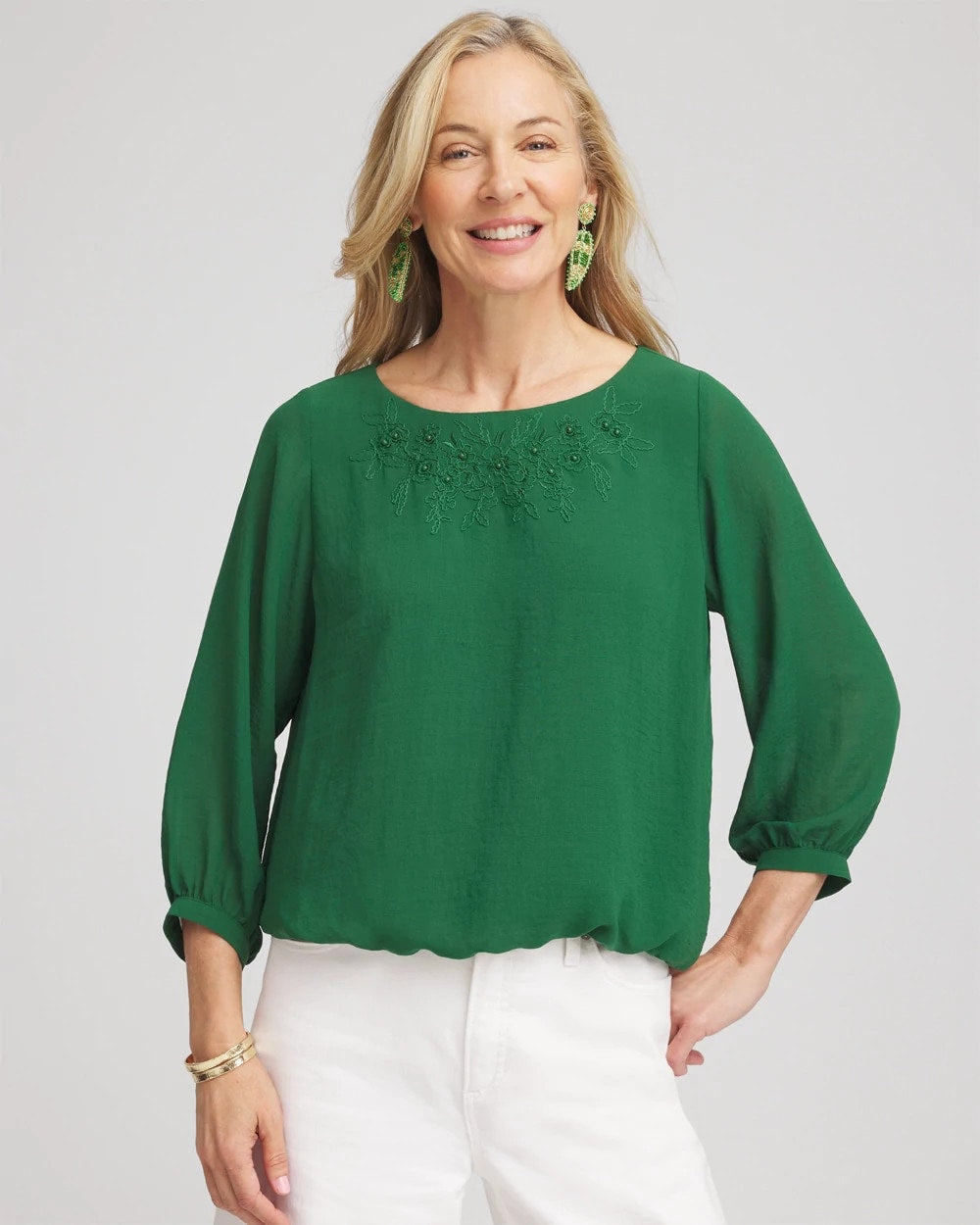 Chico's Embroidered Crinkle Chiffon Blouse PALM LEAF