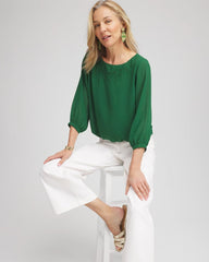 Chico's Embroidered Crinkle Chiffon Blouse PALM LEAF