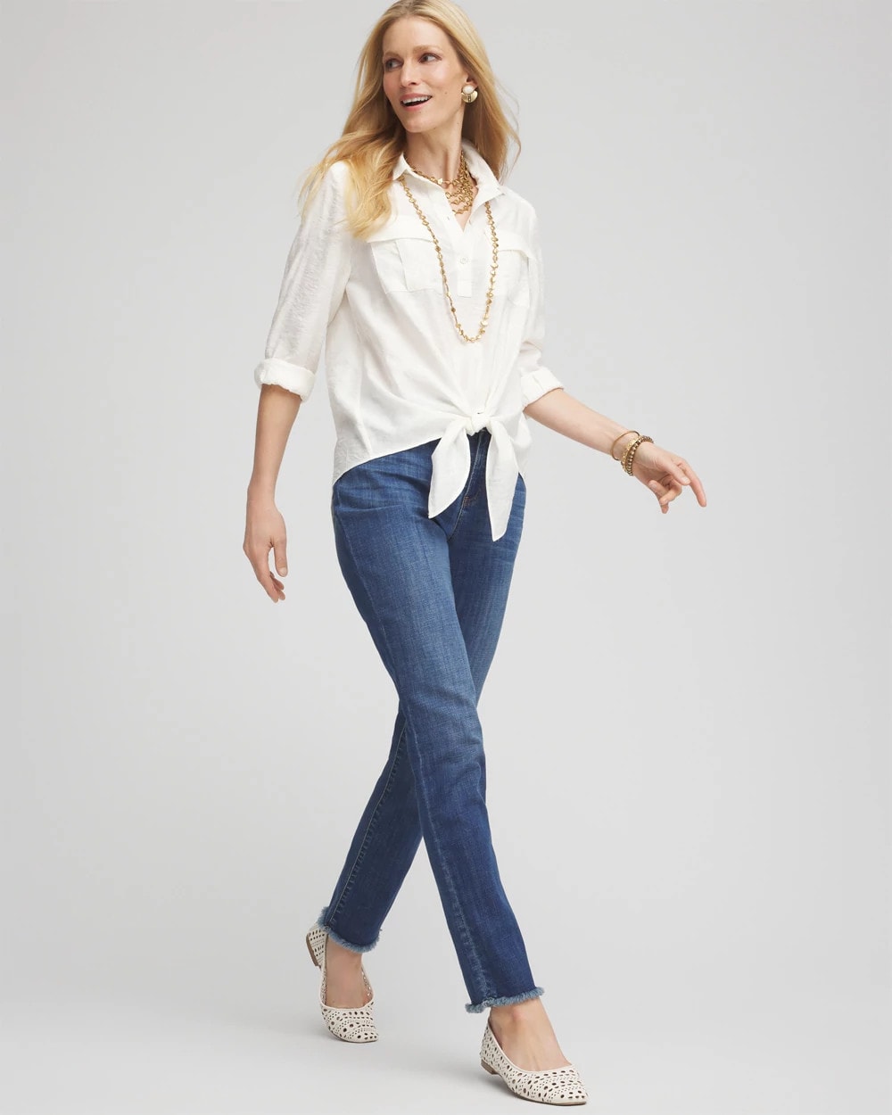 Chico's Textured Tie-Front Pullover Top ECRU